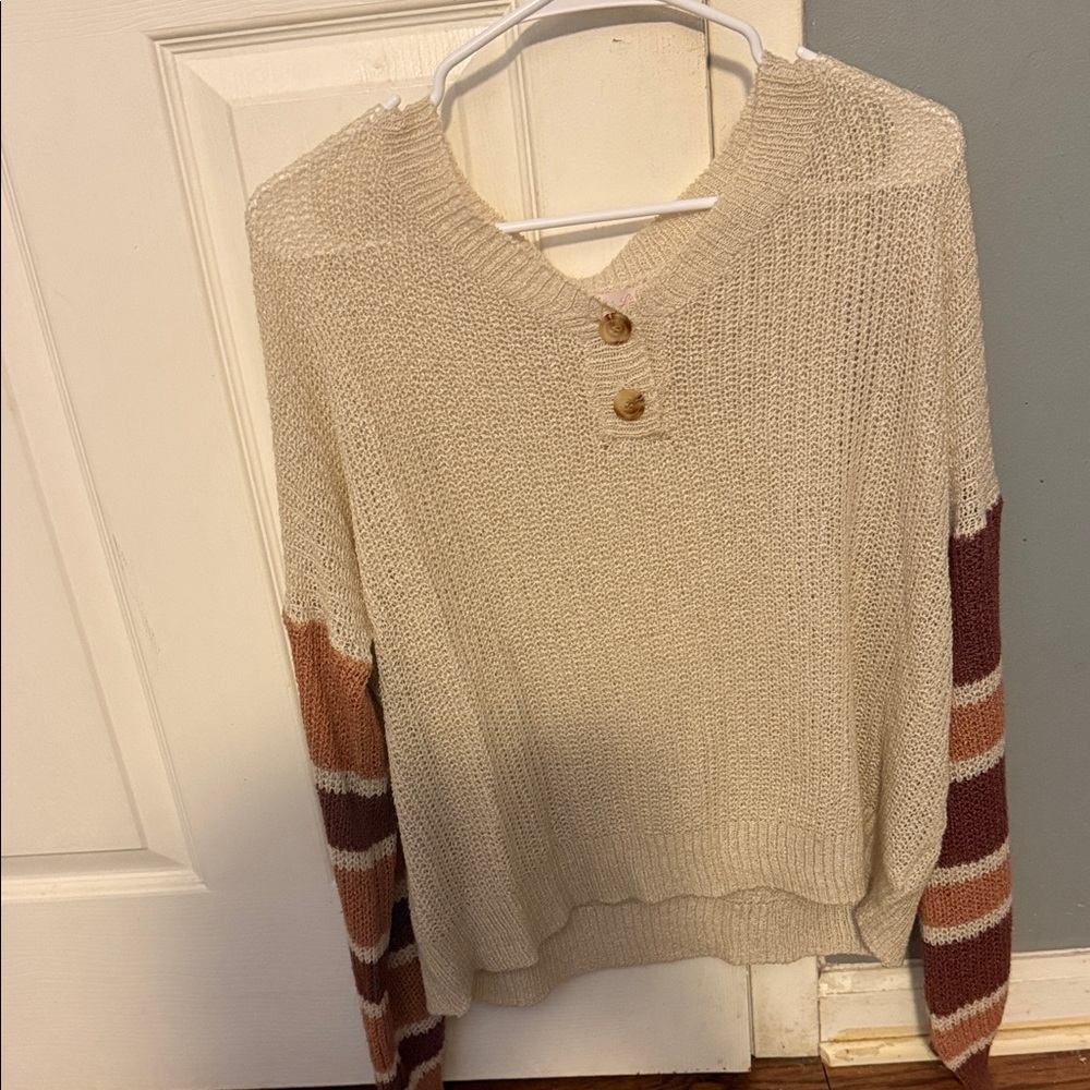 Pink Lily Cream and Brown V-Neck Sweater